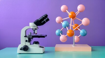 Microscope and molecular model exploring microscopic world on vibrant background