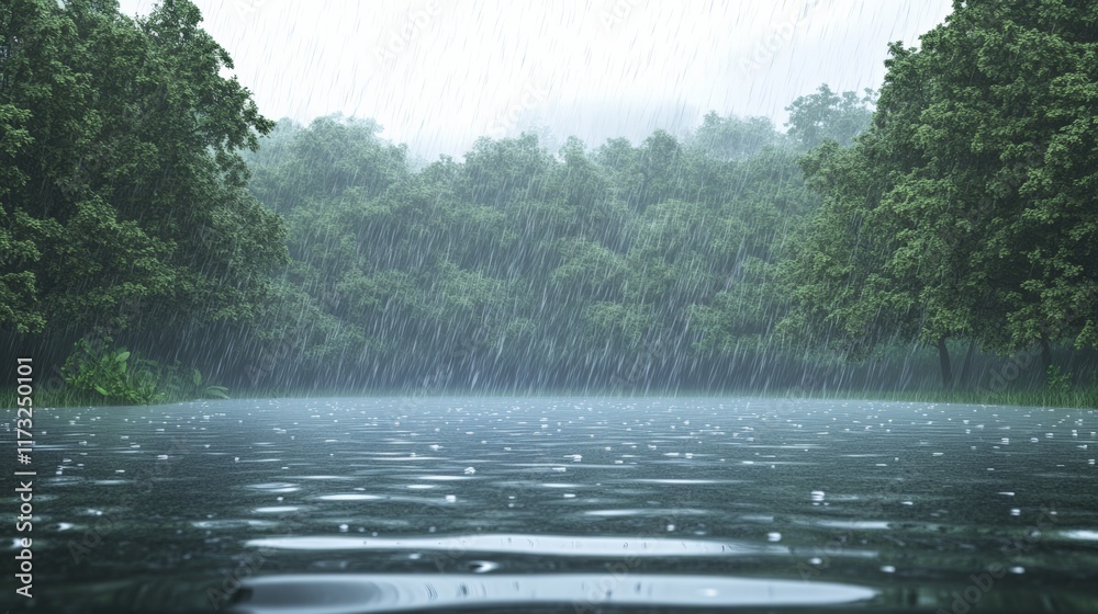 Poster rain is heavily falling on a body of water creating ripples and droplets, with a lush green forest v