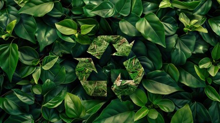 Fototapeta premium Lush green leaves background with recycle symbol.