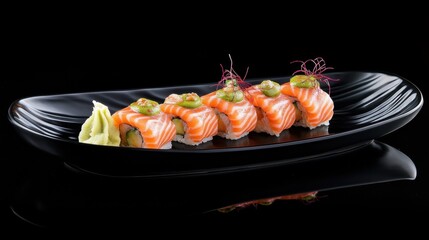 A gourmet platter of salmon sushi with soy sauce, wasabi, and pickled ginger, all placed on a sleek black plate.