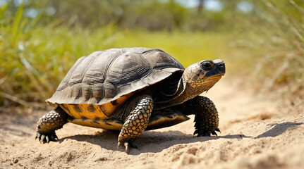 Fototapeta premium Turtle slowly moving across sandy terrain in a natural habitat during a sunny day in a serene environment