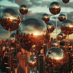 Reflective spheres create a stunning urban landscape at sunset over a bustling city skyline