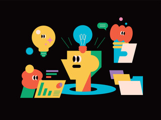 Business cute simple character. People doing work and having meetings. Find, search and learn.