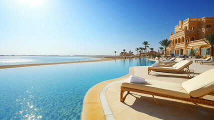 Fototapeta premium A sunbed positioned on the sundeck of a luxurious beach hotel, overlooking a serene pool and a sparkling sea under a clear blue sky. Ai generated
