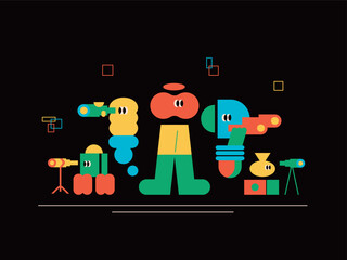 Business cute simple character. People doing work and having meetings. Find, search and learn.