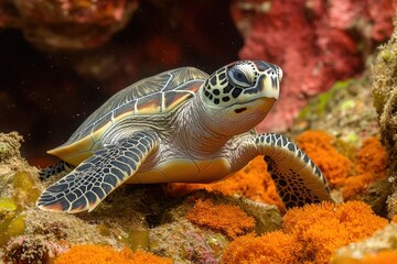 Fototapeta premium Sea turtle swimming among vibrant coral reefs in crystal clear waters of the ocean