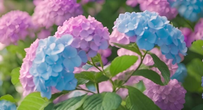 Pink blue hydrangea flowers close up green leaves background soft focus garden plant nature bloom spring summer floral botany video footage 4K