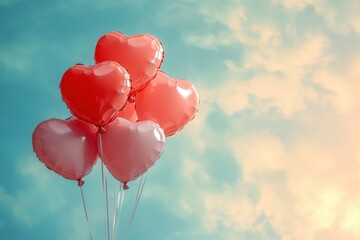 Bright red heart-shaped balloons float against a clear blue sky during a sunny day