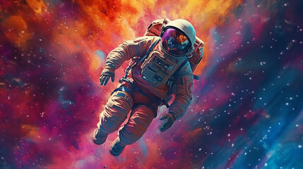 Fototapeta premium An astronaut floats through a vibrant, cosmic nebula, surrounded by a dazzling display of stardust and color.