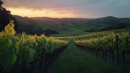 Naklejka premium Vineyard Rows at Sunset Over Rolling Hills