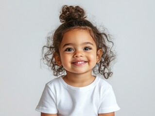Naklejka premium Joyful mixed race toddler girl with bright smile and curly hair posing in studio.