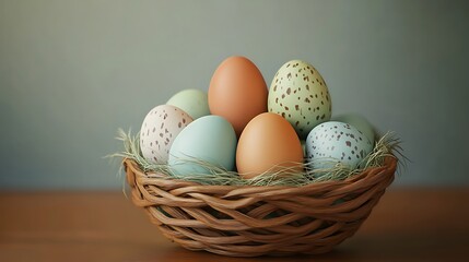 A decorative basket filled with colorful Easter eggs resting on a wooden surface.