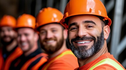Smiling construction worker in hard hat. Teamwork and safety in focus.