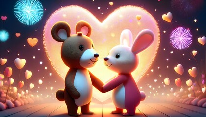 Romantic 3D Bear Bunny Couple Hearts Fireworks Valentine s Day