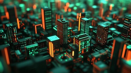 Obraz premium Surreal Fusion of Futuristic Neon-Lit City Skyline and Intertwining Data Streams