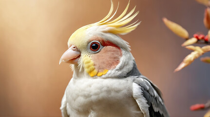Cockatiel perched on a branch showcasing vibrant plumage under soft natural light