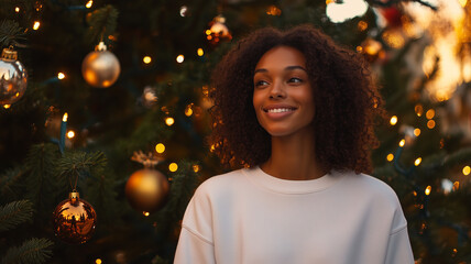 Beautiful woman wearing a white sweatshirt, standing in front of a decorated Christmas tree with festive lights and ornaments, perfect blank template for mockup design. Ai generated