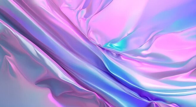 Iridescent foil texture holographic paper background shiny reflective material pastel colors light blue pink folds creases video 4K