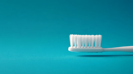White toothbrush positioned on clean turquoise backdrop with ample copy space