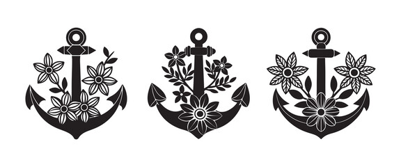 Fototapeta premium Set of Anchors silhouette, black and white silhouette, vector and illustration