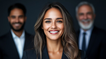Fototapeta premium Smiling professional woman in focus with colleagues in blurred background, symbolizing teamwork