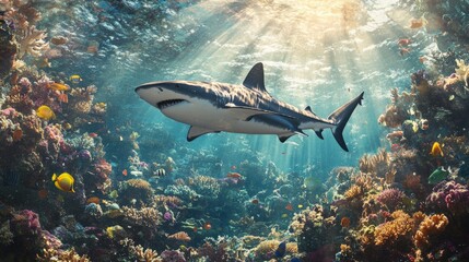 Sunlight filtering through the water illuminates a shark gliding gracefully above a vibrant coral reef, alive with colorful fish and thriving marine life in a stunning underwater ecosystem