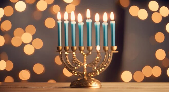 Hanukkah lit menorah with eight candles burning bright in focus with blurred bokeh background festive holiday celebration video 4K