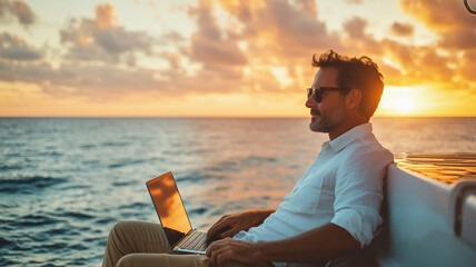 Elegant man dressed in a light summer shirt and chinos relaxes on the deck of a luxury cruise ship, his laptop open in front of him. He looks thoughtfully at the horizon. Ai generated