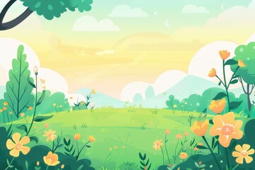 Fototapeta premium A lush green meadow with vibrant yellow flowers against a sunny sky