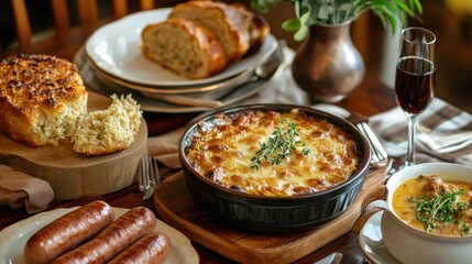 A cozy European-style table setting with Greek spanakopita, French onion soup, and German bratwurst served family-style.