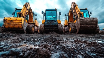 Three construction vehicles lined up on muddy ground.