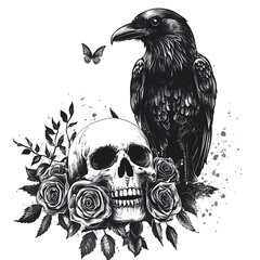 Fototapeta premium Raven, skull, roses, and butterfly art.