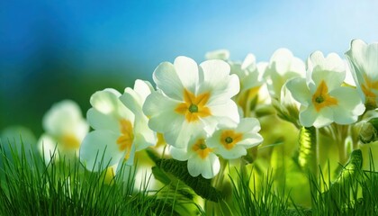 Spring's Gentle Embrace: Delicate white primroses bathed in sunlight, nestled amongst vibrant green grass against a clear blue sky. A breathtaking image of springtime serenity and renewal. 