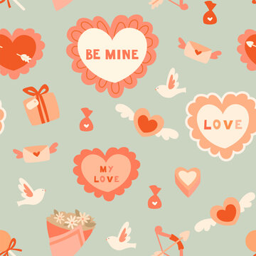 Fototapeta Seamless Valentine's Day pattern with hearts with inscriptions, gifts, bouquet, doves. Suitable for wrappers, backgrounds, wallpapers, textiles. Vintage style