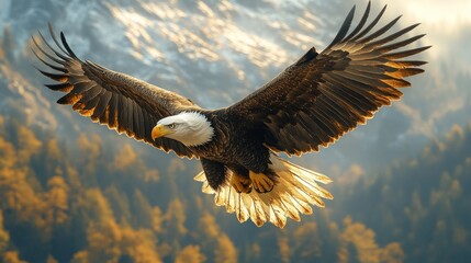 Obraz premium Majestic bald eagle in flight over autumnal mountain landscape.