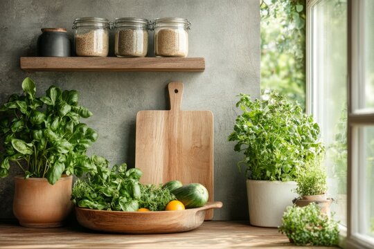 A Mediterranean-inspired kitchen with terracotta tiles, olive wood utensils, and an abundance of fresh vegetables on display