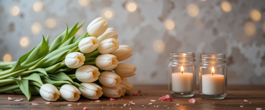 A romantic setting with white tulips and lit candles against a bokeh background, perfect for romantic cards and event invitations.