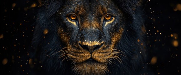 Majestic black lion portrait with gold accents, dark background, bokeh.