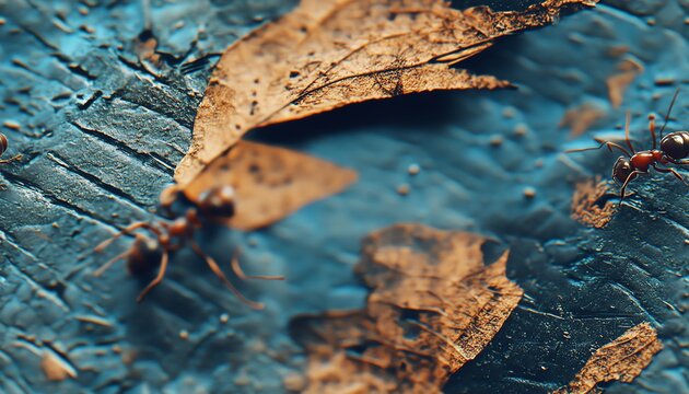 Close-up of ants carrying a dried leaf on a textured blue surface.  Nature, macro photography, insect life.
