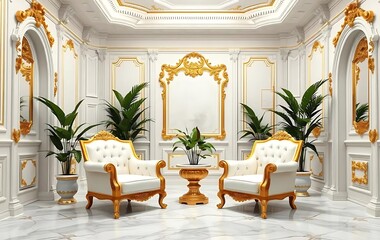 Fototapeta premium A mock-up of luxurious furniture and decor in a living room with an empty white wall serves as background in this stock photo 