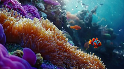 Fototapeta premium Vibrant coral reef underwater scene with clownfish.
