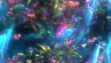 Ethereal, vibrant tropical rainforest scene. Lush foliage, glowing flowers, and magical light beams create a fantasy backdrop.