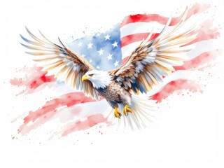 A dynamic watercolor of an eagle and american flag for patriotic and national themed designs with a vibrant and artistic touch.