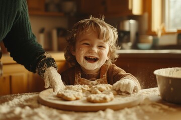 A child helping an adult bake cookies in the kitchen, with flour on their face and hands and a big smile