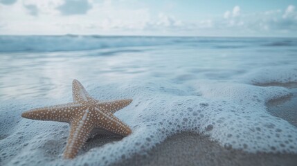 Starfish on sandy beach, ocean waves, tranquil sky, summer vacation.