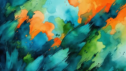 Vibrant Orange, Blue, and Green Watercolor Hues Blending Harmoniously, Creating a Bold and Expressive Abstract Composition with Fluid, Dynamic Strokes