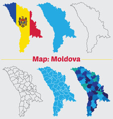 Moldova country map set. internal provinces borders marked, Simple map of Moldova vector drawing, Filled and outline.