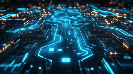 Obraz premium A futuristic circuit board with glowing blue lines and lights, representing advanced technology and digital connectivity.
