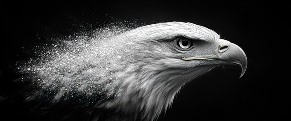 Majestic eagle head dissolving into particles, black background.