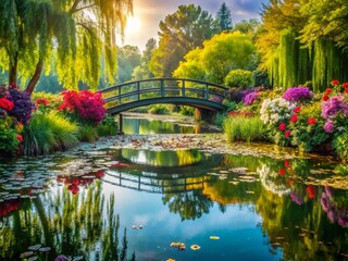 Giverny Garden Bridge: Serene Morning Pond, Vibrant Flowers, Wooden Bridge